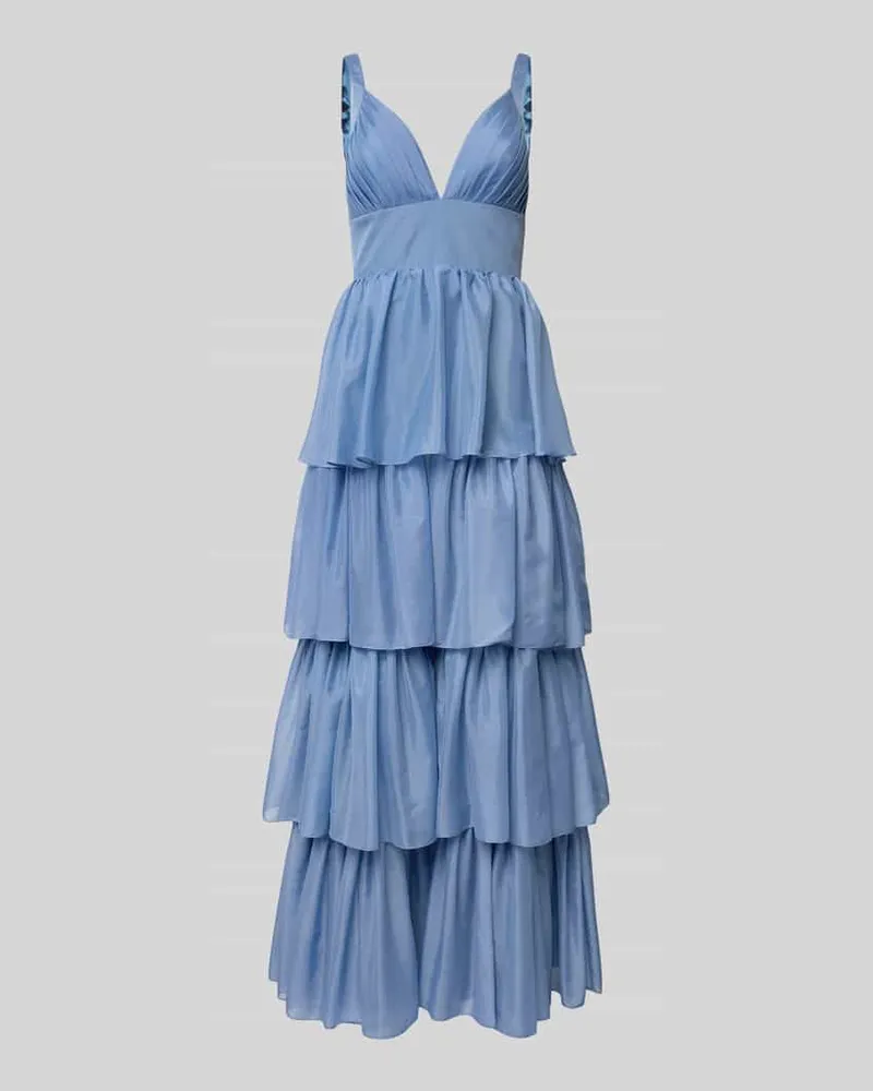 Unique Abendkleid mit Volantsaum und tiefem V-Ausschnitt Blau