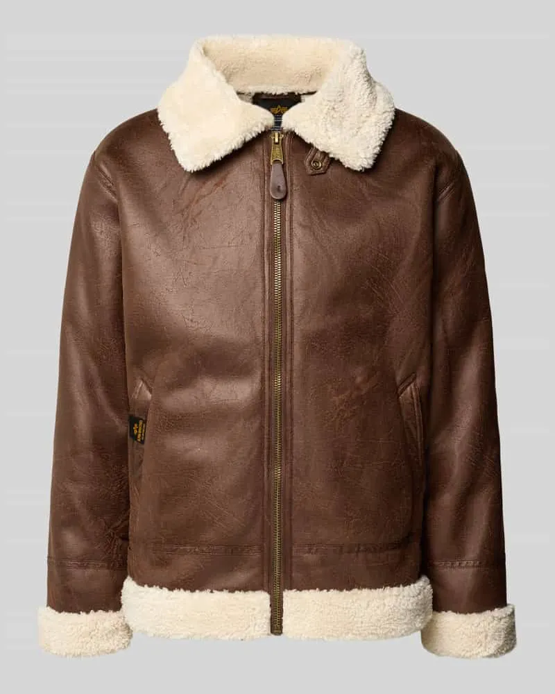 Alpha Industries Relaxed Fit Jacke in Leder-Optik mit Umlegekragen Mittelbraun