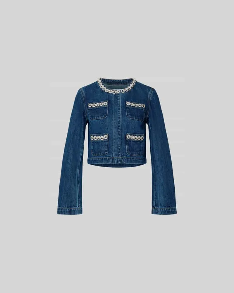Self-Portrait Jeansjacke mit Strasssteinbesatz Blau