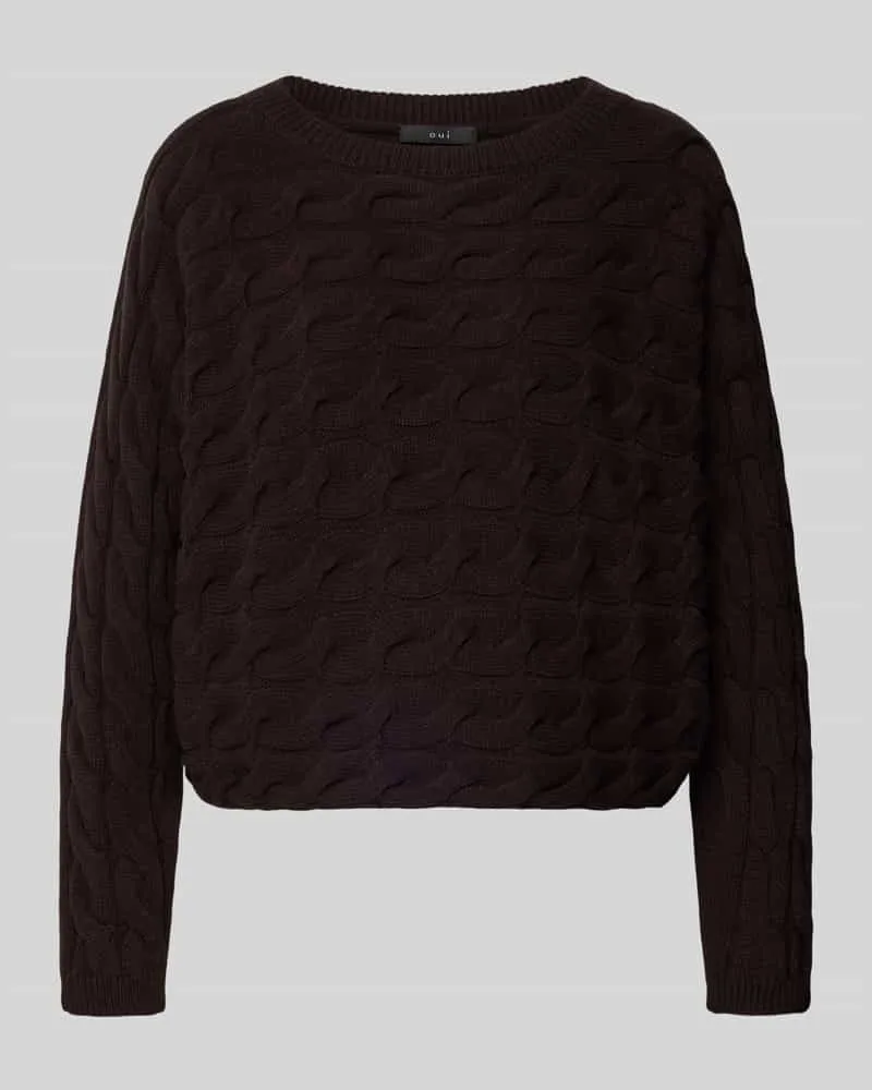 Oui  Strickpullover mit Zopfmuster und Rundhalsausschnitt Dunkelbraun