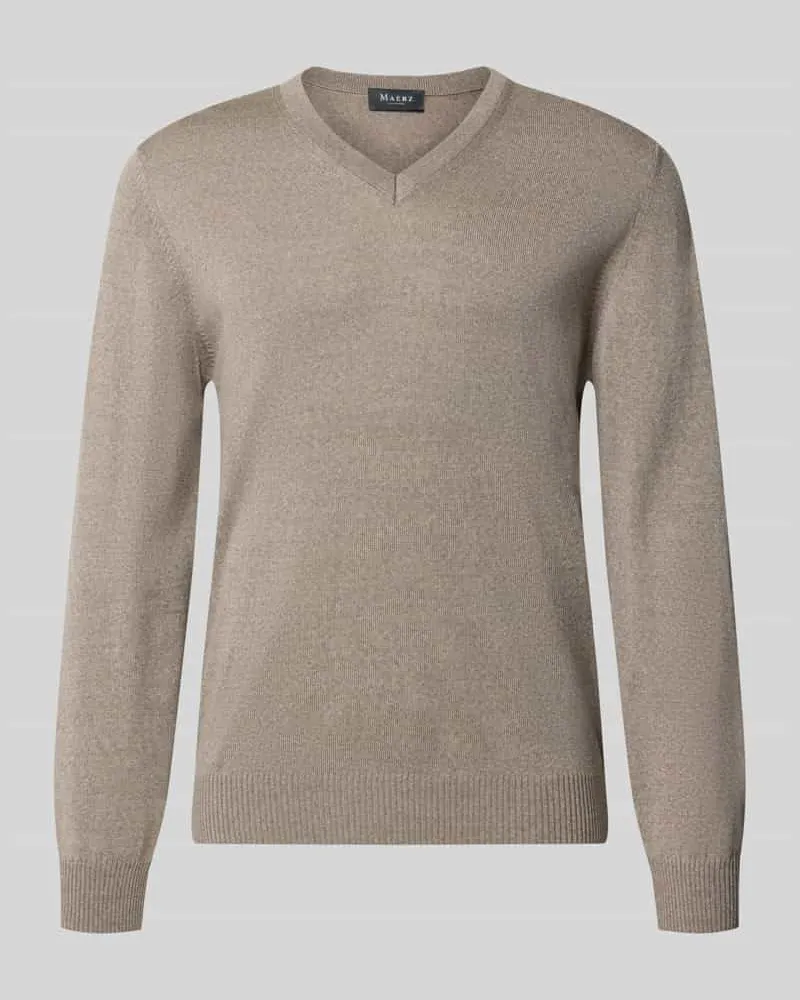 Maerz Regular Fit Strickpullover aus reiner Schurwolle mit V-Ausschnitt Beige