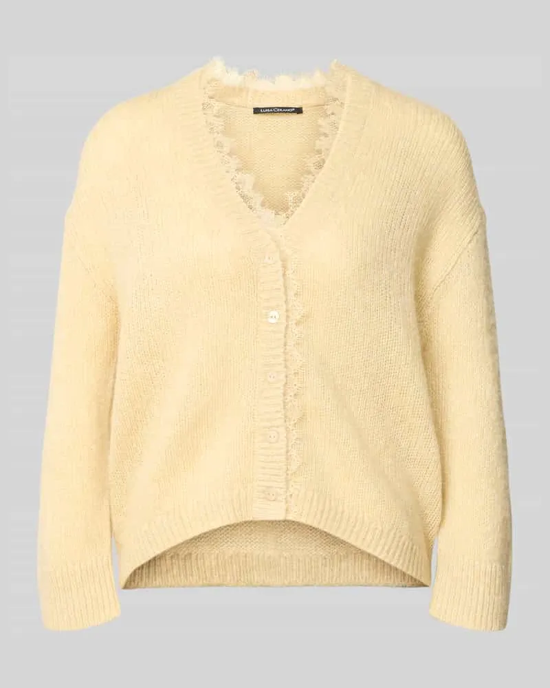 Luisa Cerano Strickjacke mit V-Ausschnitt und Spitzenbesatz Hellgelb