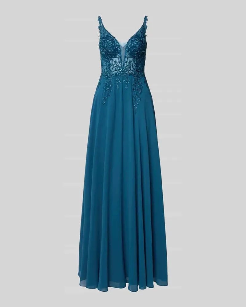 LUXUAR Abendkleid mit Stitchings und Ziersteinbesatz Petrol