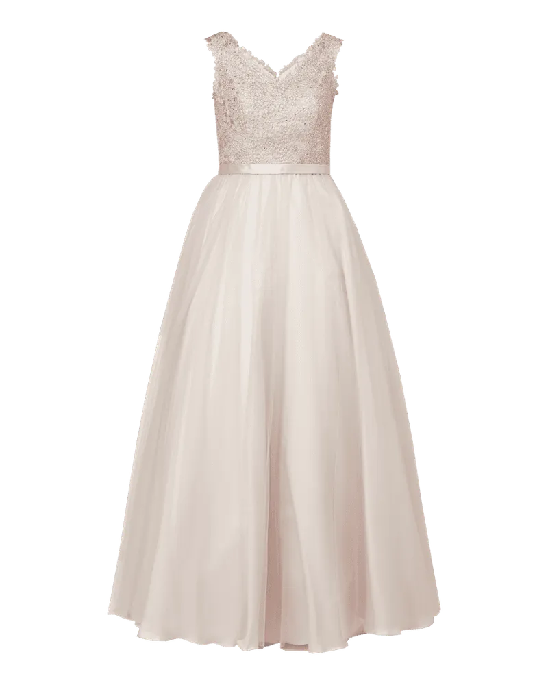 Unique Abendkleid aus Mesh mit floralen Stickereien Beige