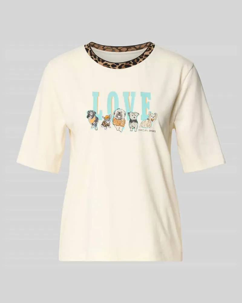 Marc Cain T-Shirt mit geripptem Rundhalsausschnitt Ecru