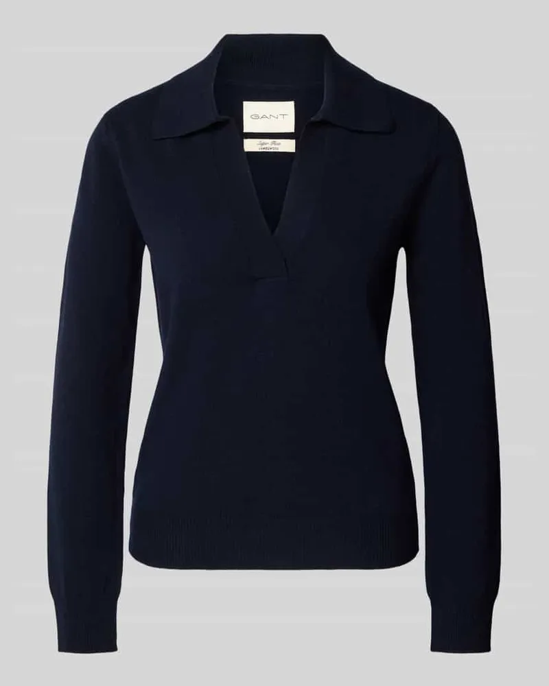 Gant Strickpullover aus Wolle mit Umlegekragen und V-Ausschnitt Marine