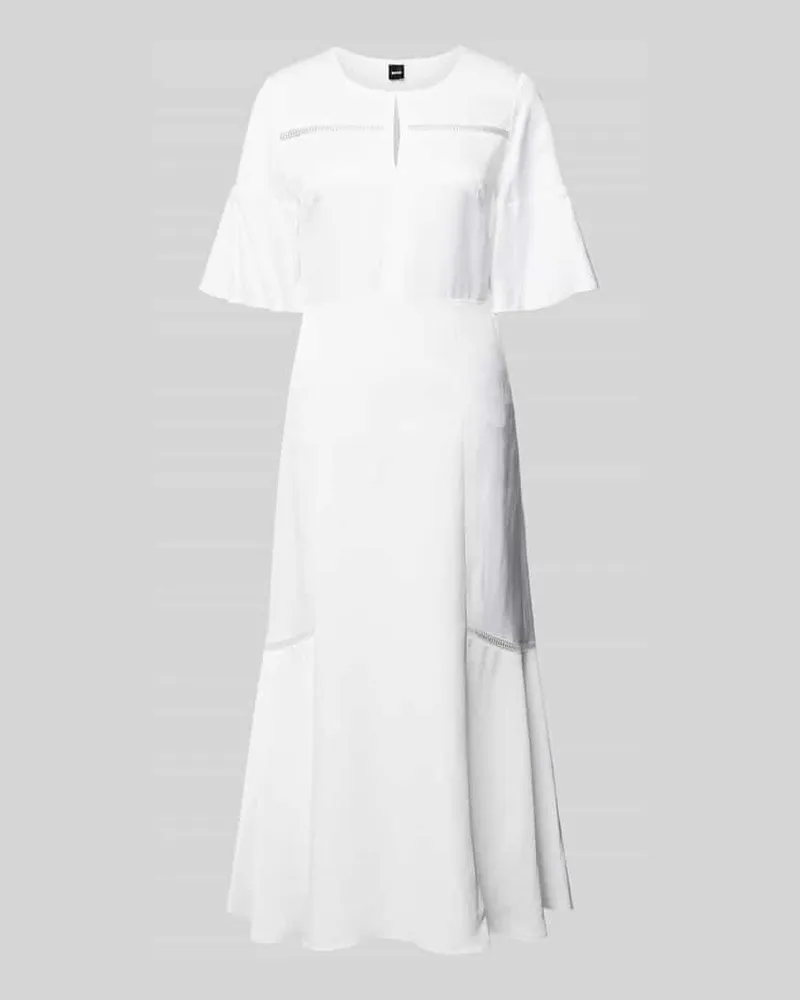 HUGO BOSS Midikleid aus Viskose-Leinen-Mix mit Schlüsselloch-Ausschnitt Weiss