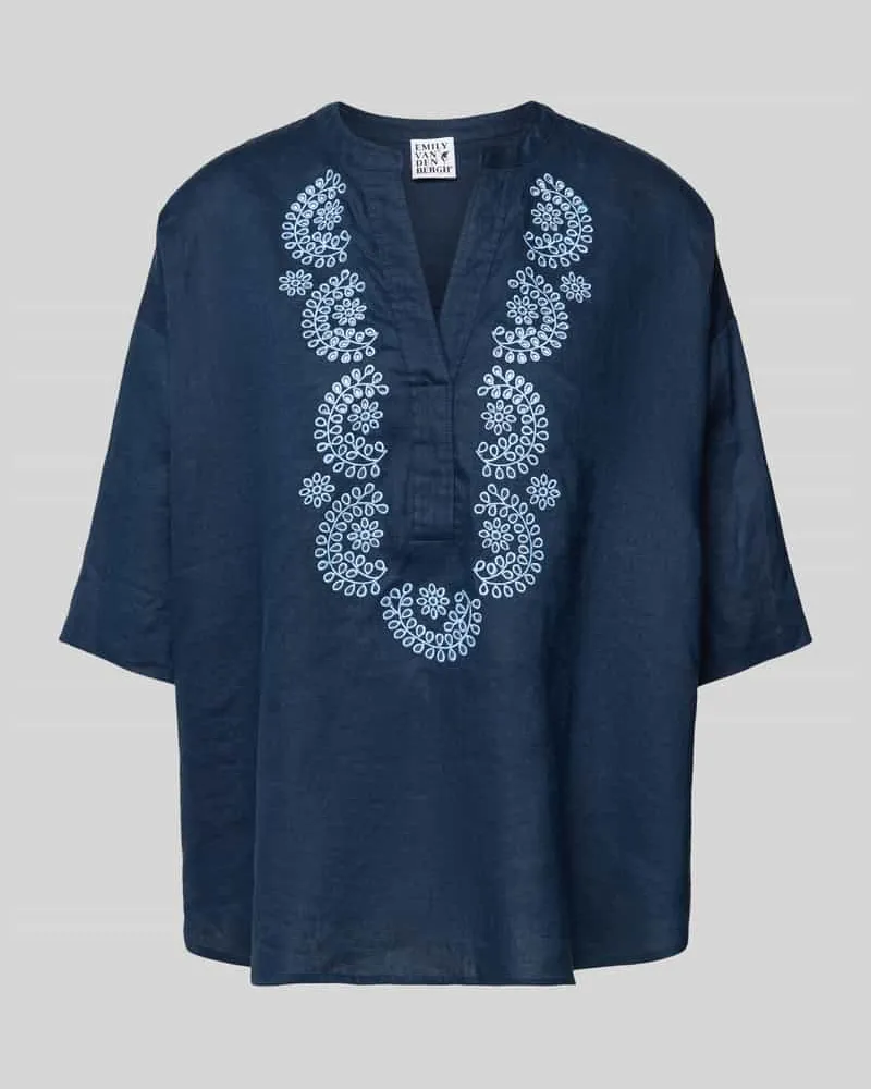 Emily van den Bergh Leinenbluse mit 3/4-Arm und Motiv-Stitching Marine