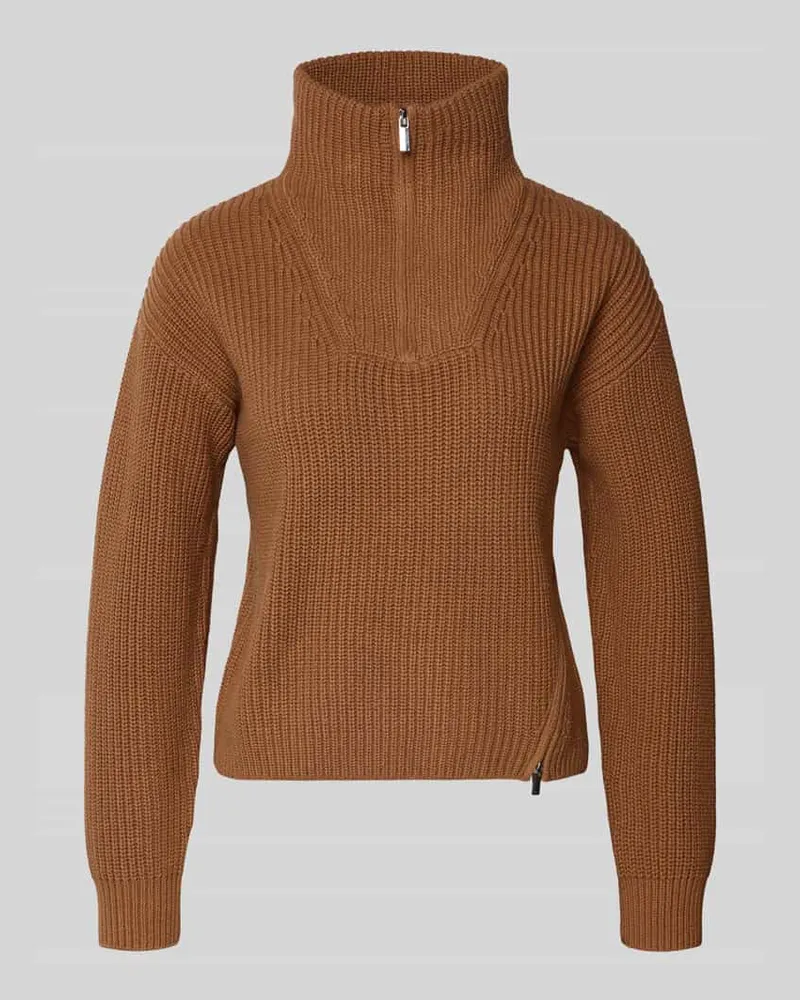 Oui  Strickpullover mit Stehkragen und Reißverschluss Camel