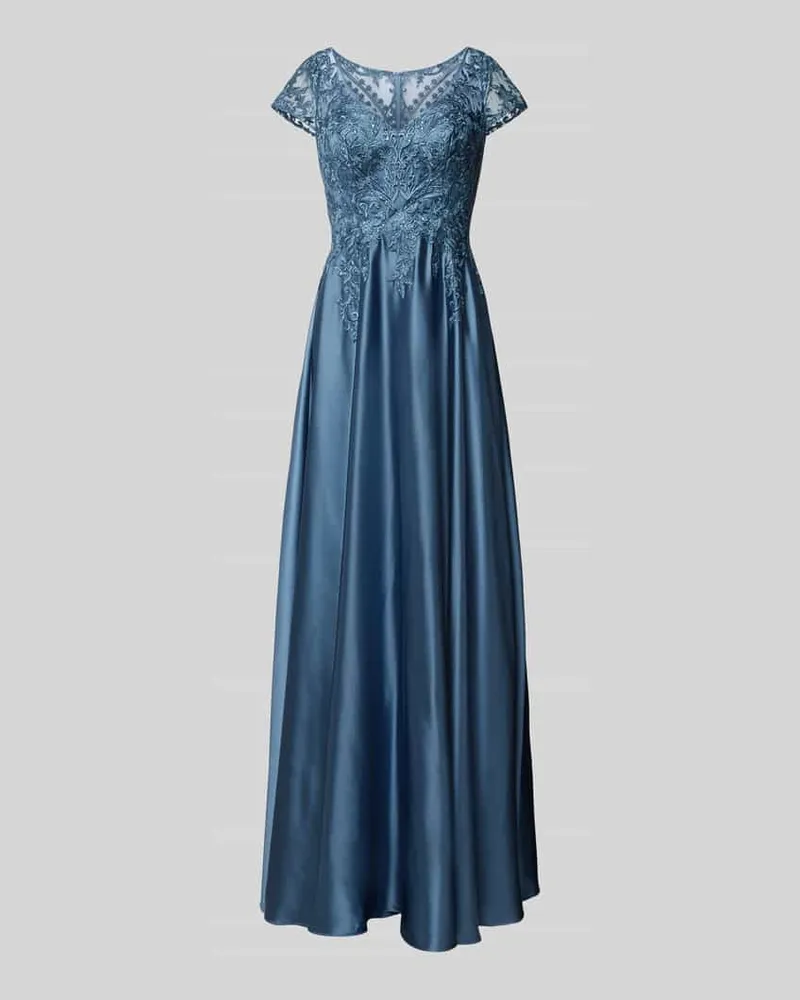 LUXUAR Tailliertes Abendkleid mit Spitzen- und Ziersteinbesatz Rauchblau