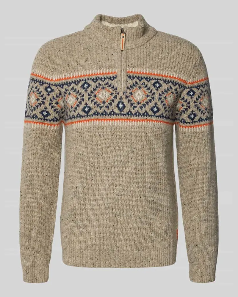 Ragman Norwegerpullover aus Woll-Mix mit Troyer-Kragen Hellgrau