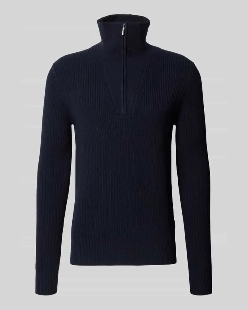 Bugatti Strickpullover aus Woll-Mix mit Troyer-Kragen Marine