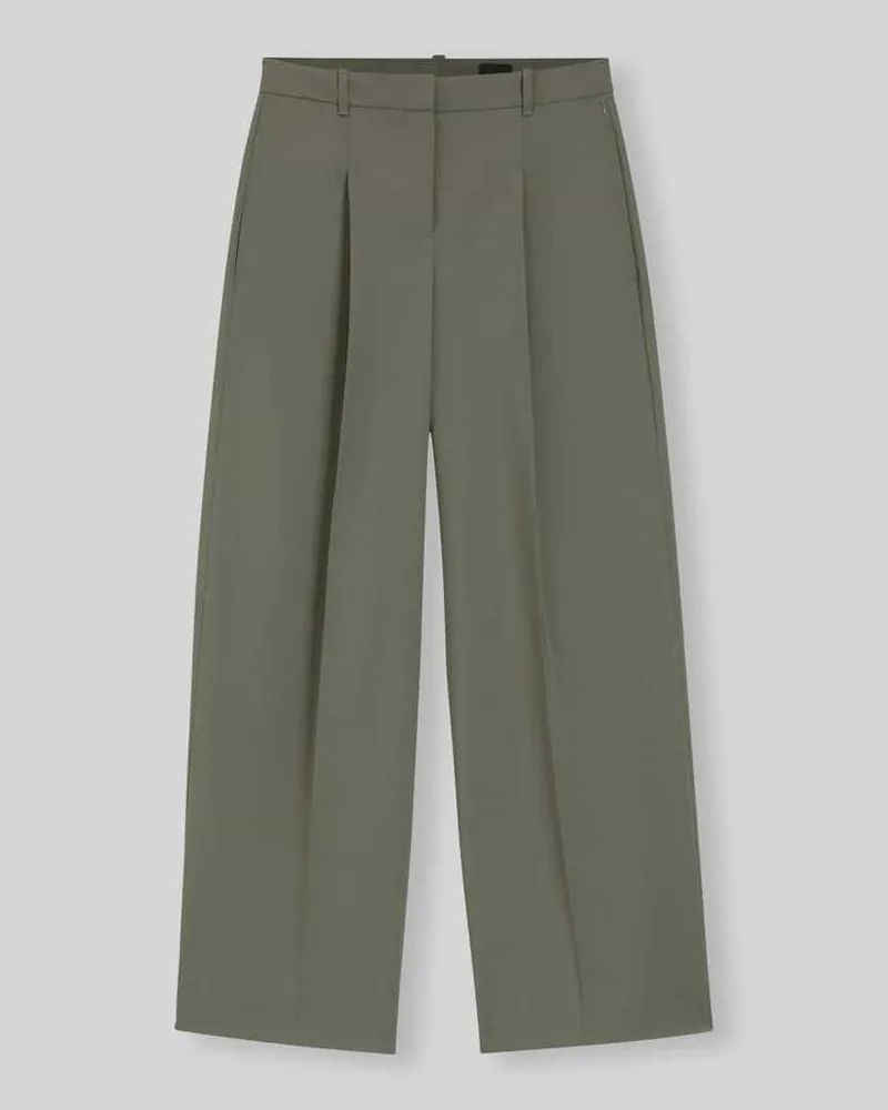 HUGO BOSS Wide Leg Hose aus reiner Schurwolle mit Bundfalten Oliv