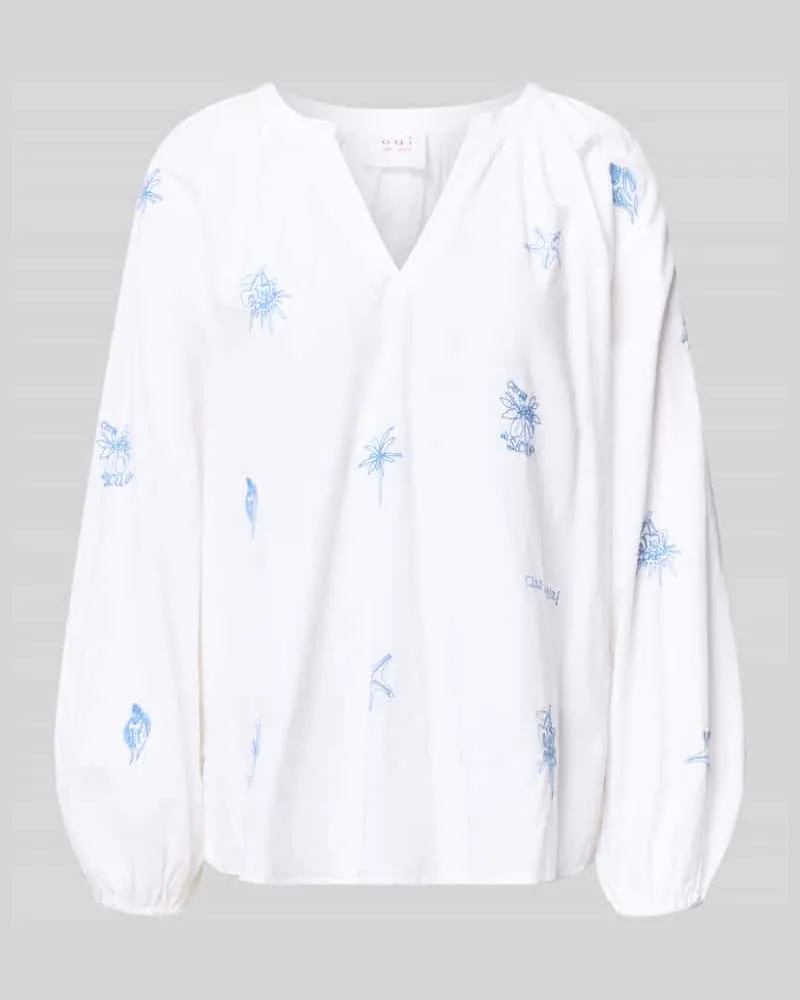 Oui  Regular Fit Tunikabluse mit Stitchings und V-Ausschnitt Weiss