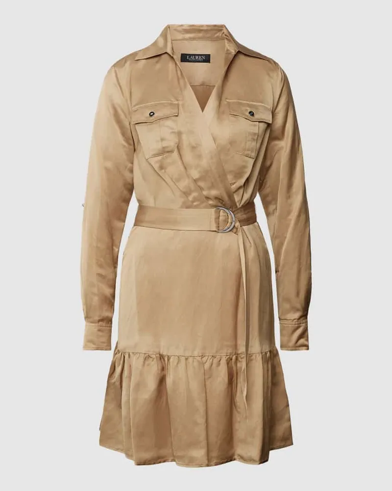 Ralph Lauren Knielanges Hemdblusenkleid in Wickel-Optik aus Viskose-Leinen-Mix Camel