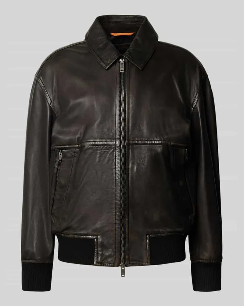 HUGO BOSS Regular Fit Lederjacke aus echtem Schafsleder Modell 'JOBERG Dunkelbraun