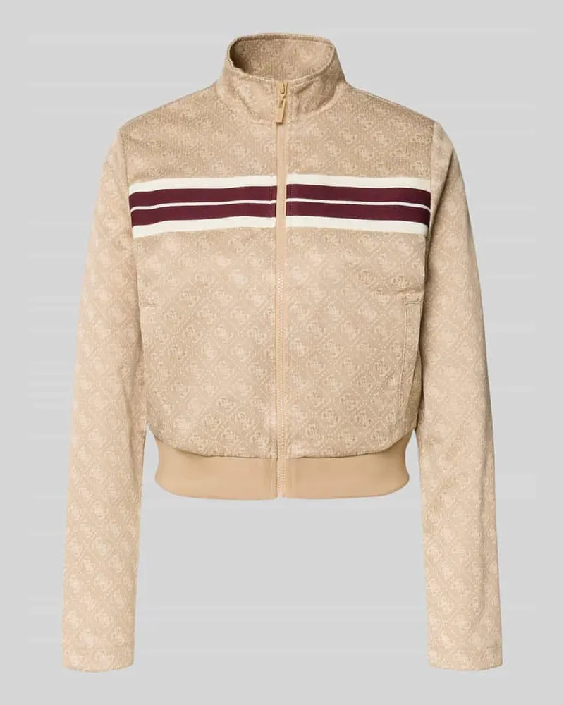 Guess Regular Fit Sweatjacke mit Allover-Logo-Print Modell 'Jacquard Camel