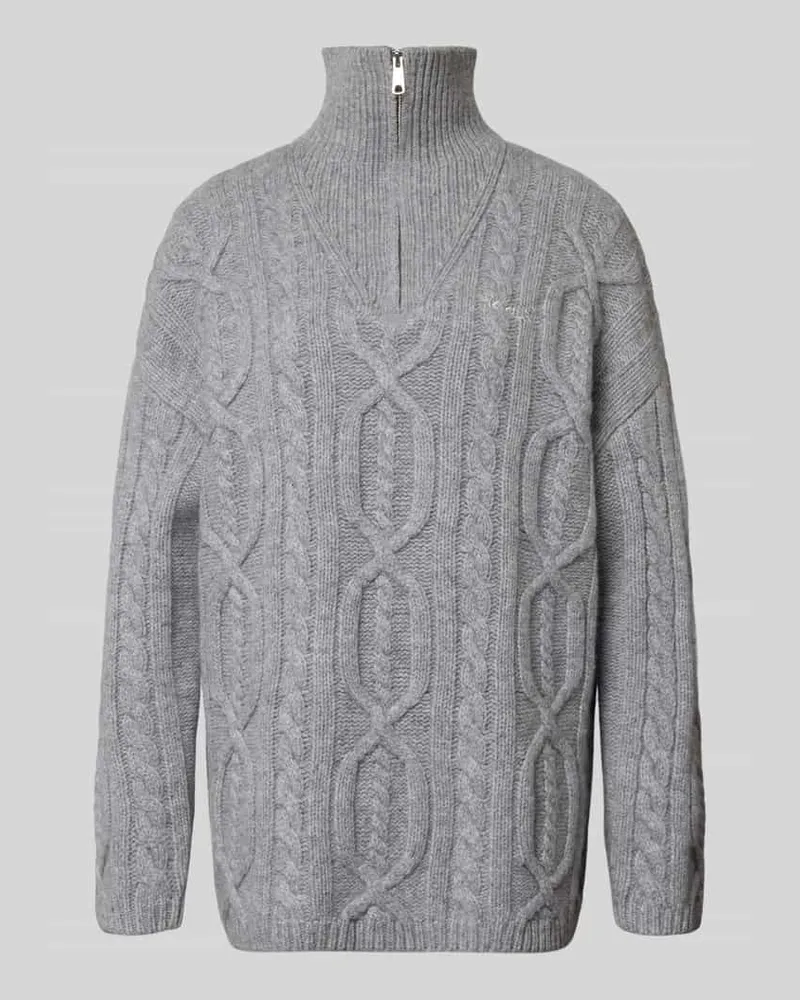 Karo Kauer Oversized Fit Strickpullover aus reiner Wolle mit Zopfmuster Dunkelgrau
