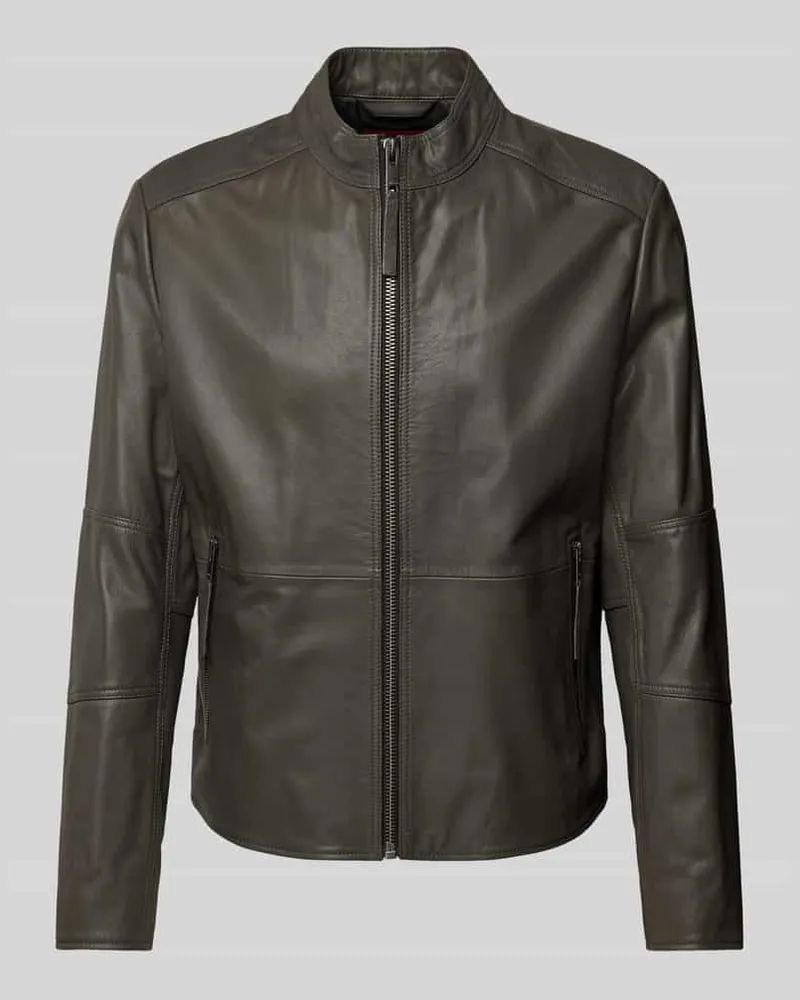 HUGO BOSS Lederjacke mit Reißverschlusstaschen Modell 'Lokis Mittelgrau