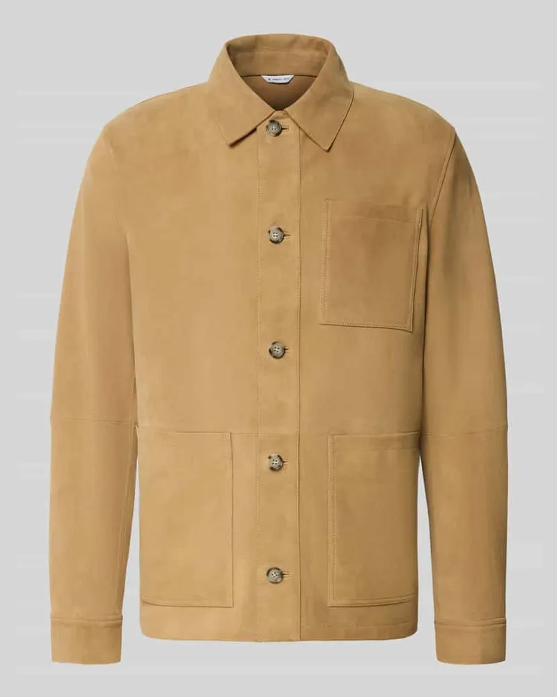 Manuel Ritz Lederjacke mit Knopfleiste und aufgesetzten Taschen Beige