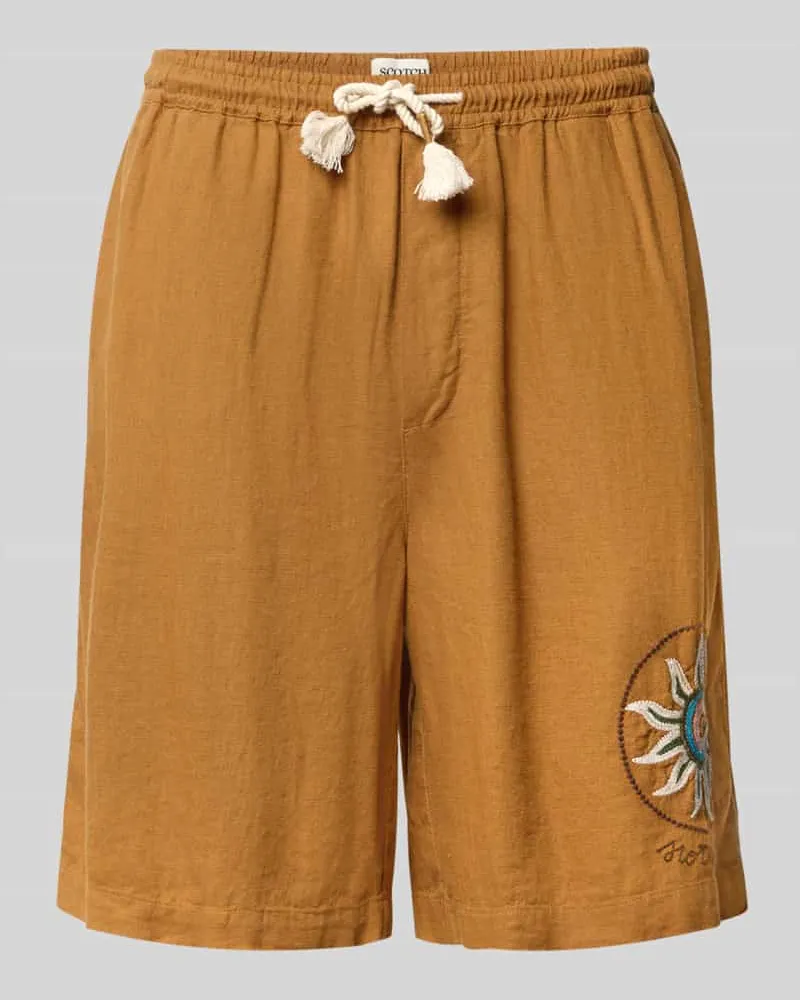 Scotch&Soda Straight Fit Shorts aus Leinen-Viskose-Mix mit Motiv-Stitching Camel