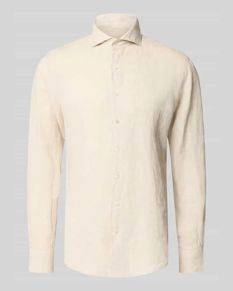 Profuomo Regular Fit Leinenhemd mit Kentkragen Sand