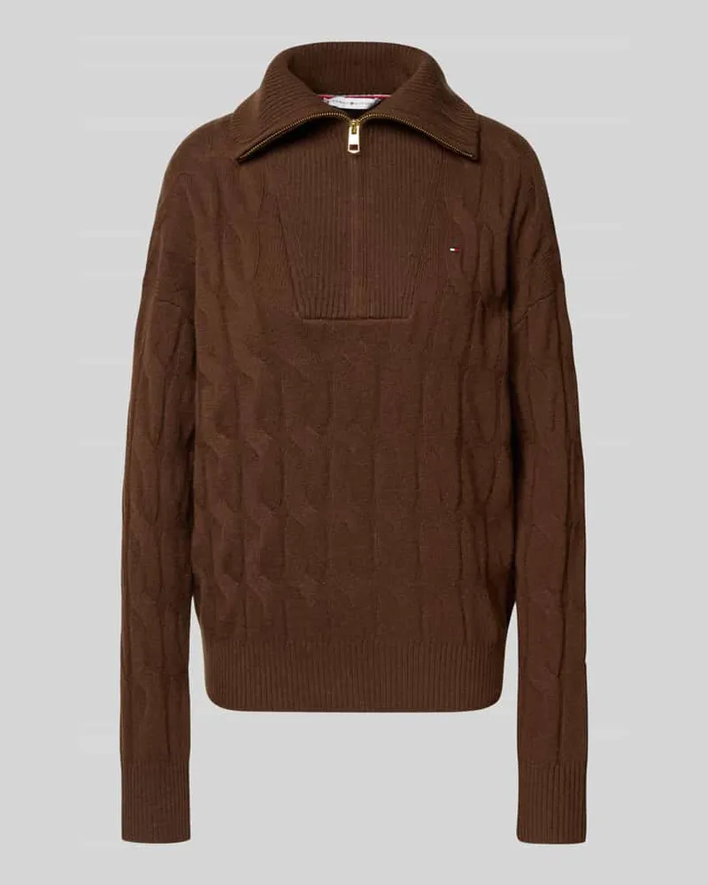 Tommy Hilfiger Relaxed Fit Strickpullover aus reiner Wolle mit Zopf-Muster Mittelbraun
