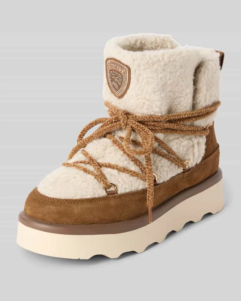 Blauer Boots aus Leder-Textil-Mix mit Teddyfell Beige