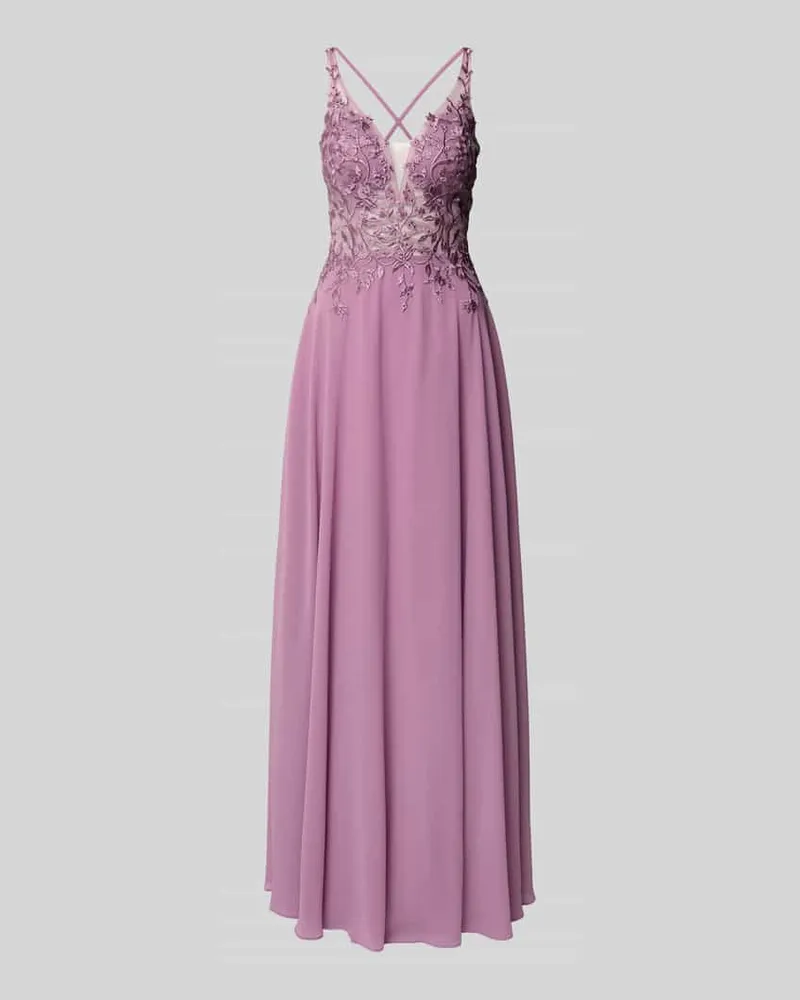 LUXUAR Abendkleid mit Spitze und Strasssteinbesatz Flieder