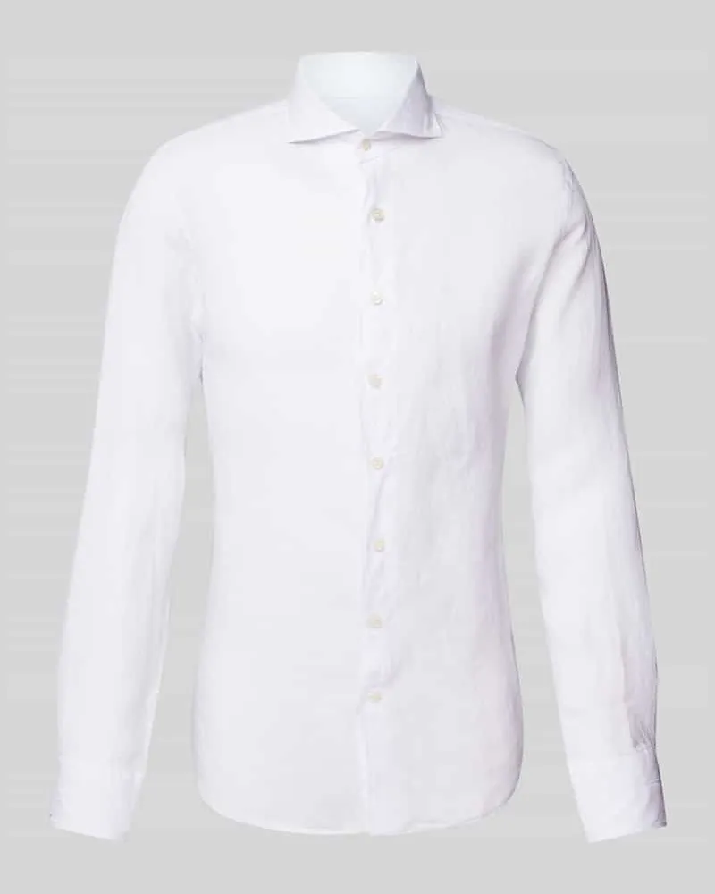Profuomo Slim Fit Leinenhemd mit Haifischkragen Weiss