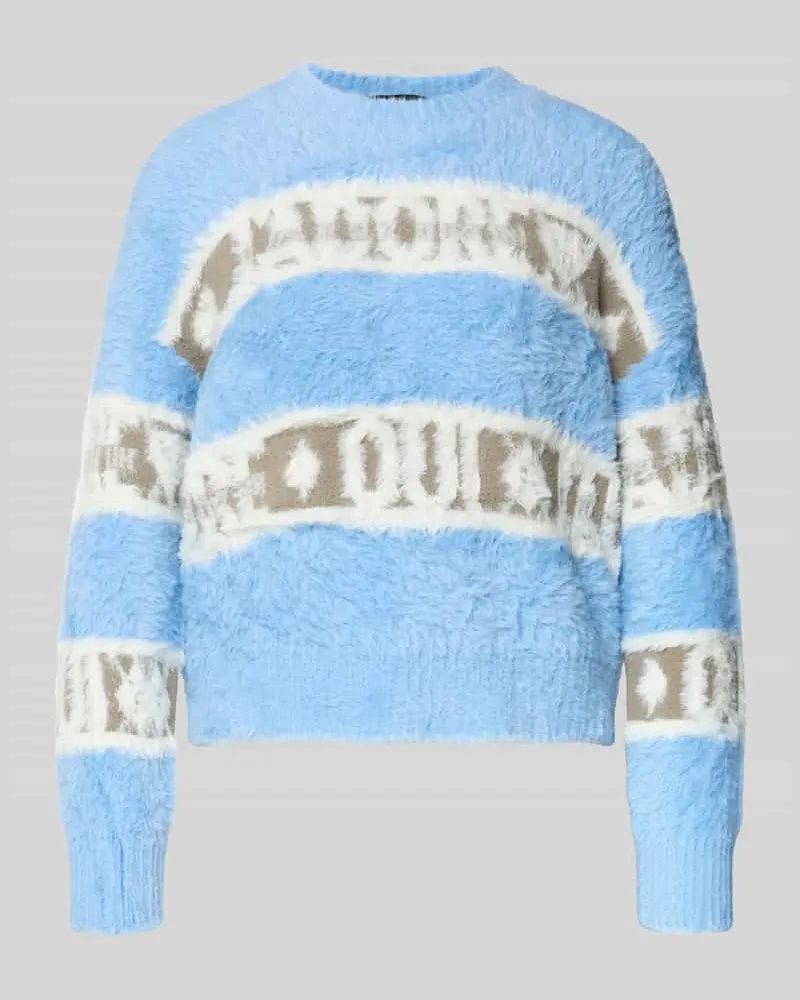 Oui  Regular Fit Pullover in Strick-Optik mit Logo-Stitching Hellblau
