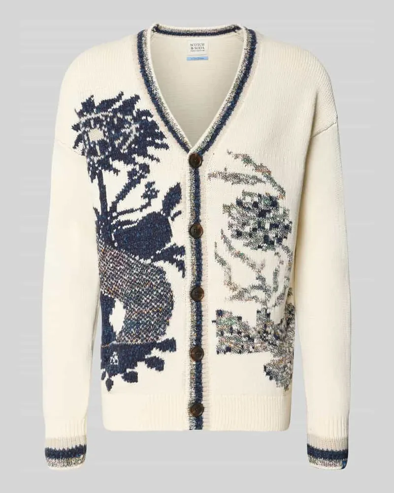 Scotch&Soda Regular Fit Strickjacke mit V-Ausschnitt Modell 'INTARSIA Offwhite