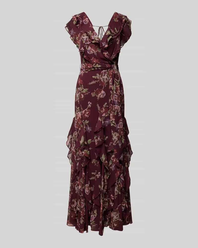 Ralph Lauren Abendkleid mit Volants und Bindegürtel Modell 'DARBILNE Bordeaux