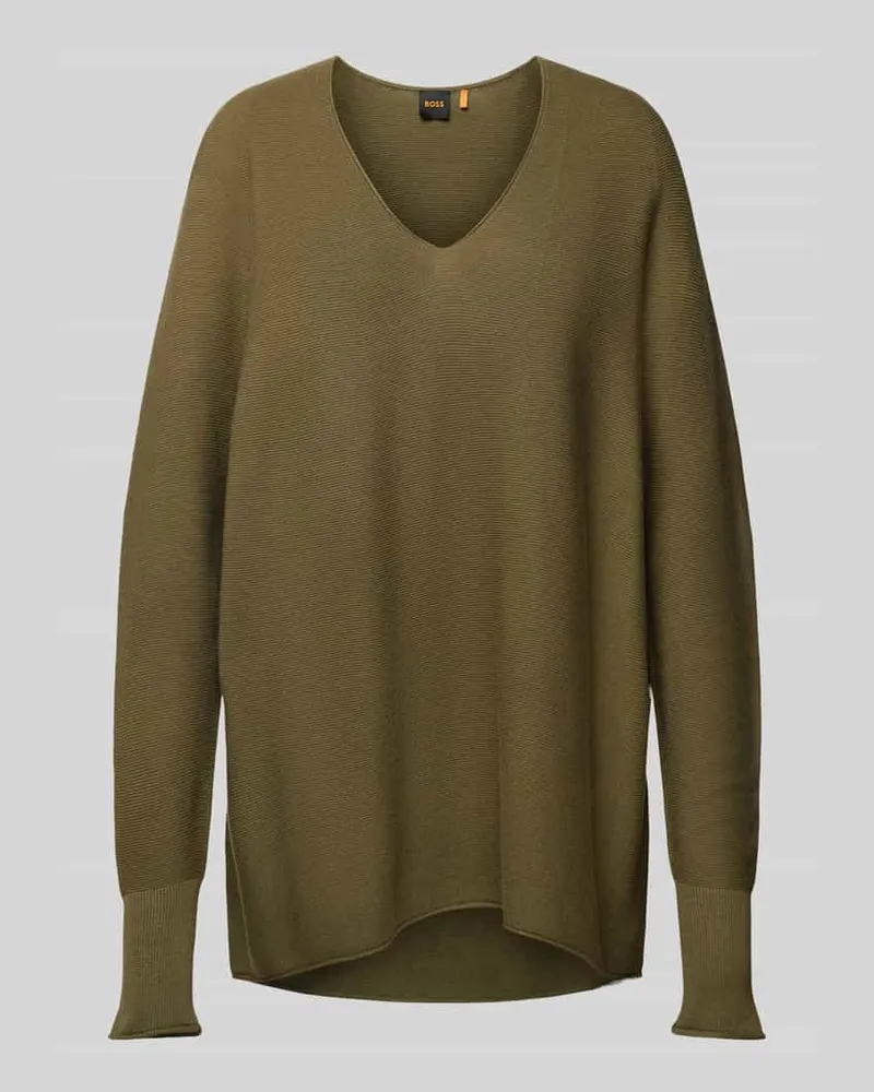 HUGO BOSS Strickpullover mit V-Ausschnitt Modell 'Feronessa Oliv