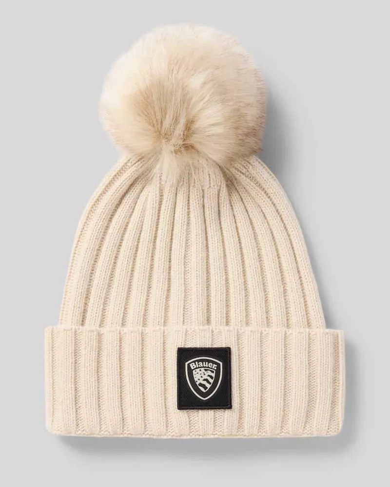 Blauer Strickmütze mit Bommel und Label-Detail Modell 'LIFE Beige