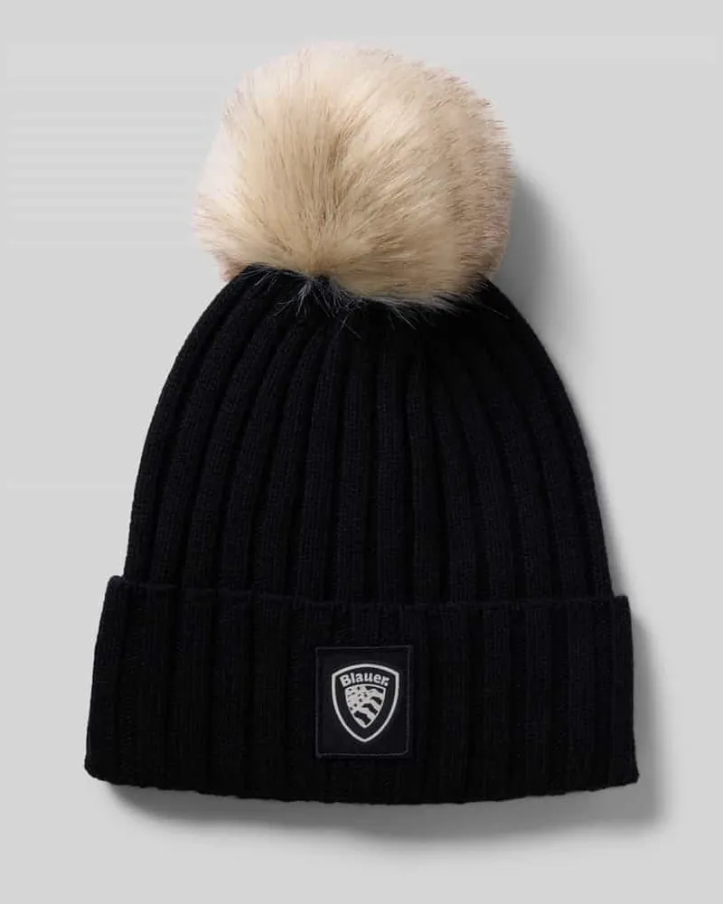 Blauer Strickmütze mit Bommel und Label-Detail Modell 'LIFE Black
