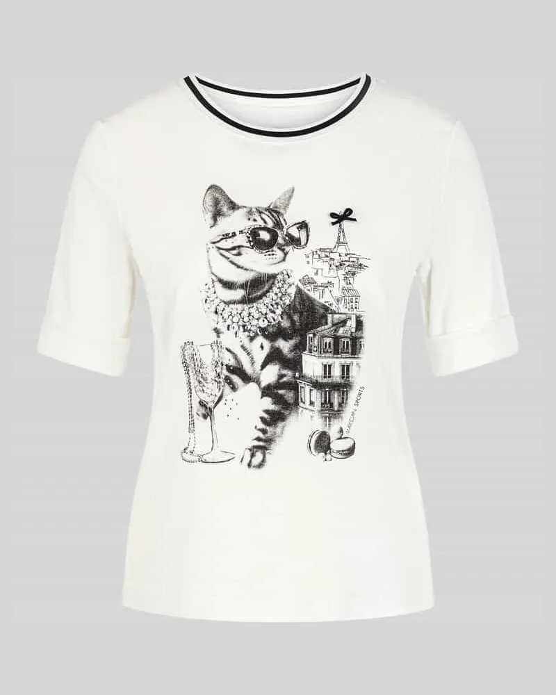 Marc Cain T-Shirt mit Cat-Print und Strasssteinen Offwhite