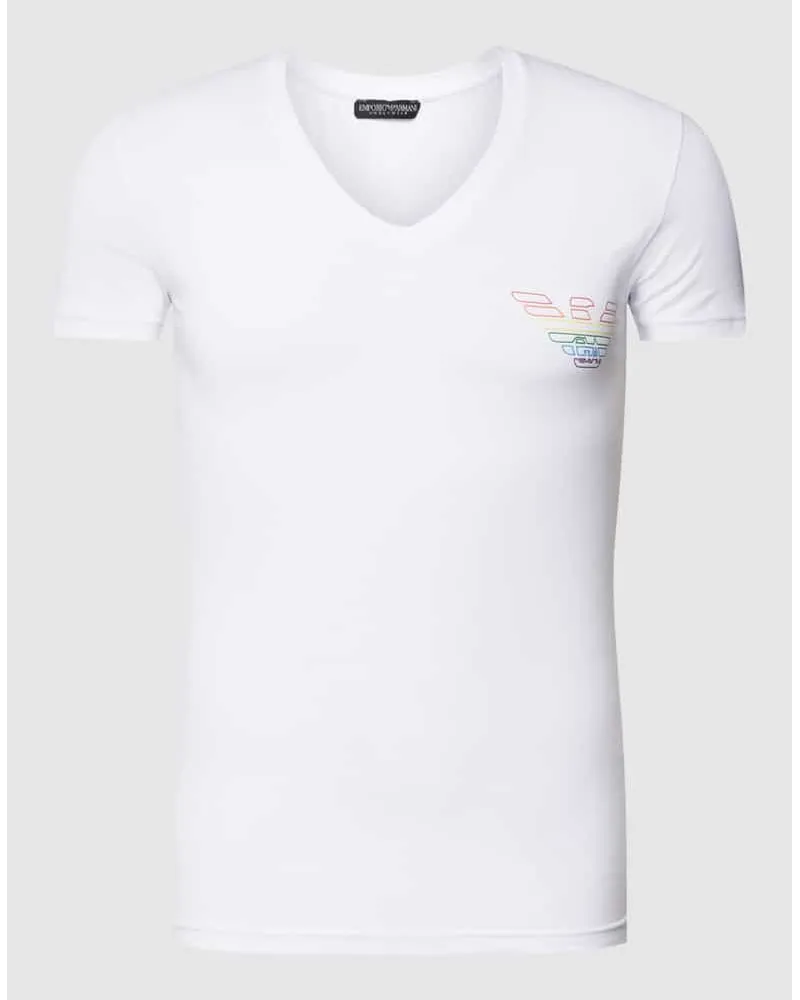 Emporio Armani T-Shirt mit V-Ausschnitt Modell 'RAINBOW LOGO Weiss