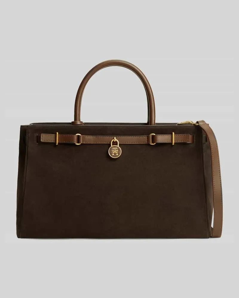 Tommy Hilfiger Henkeltasche aus echtem Veloursleder mit Logo-Detail Dunkelbraun