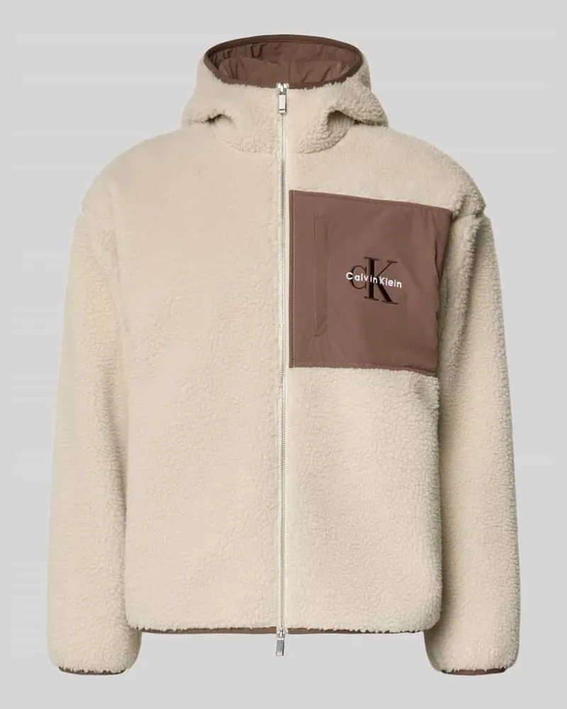 Calvin Klein Regular Fit Fleecejacke mit Brusttasche Modell 'Sherpa Offwhite