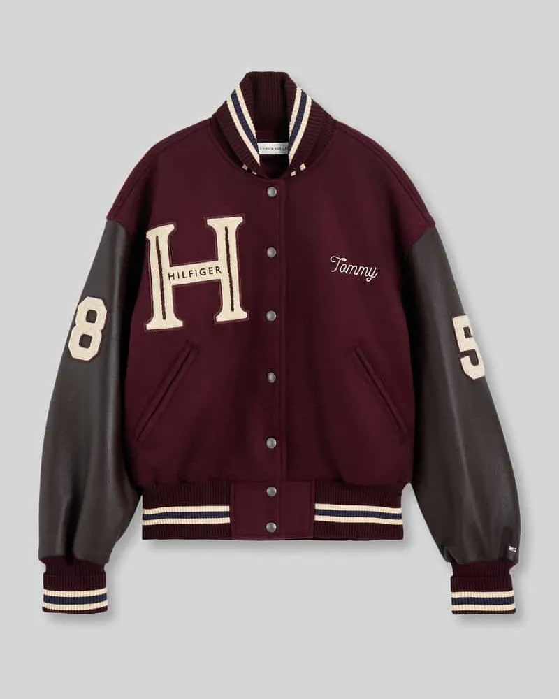 Tommy Hilfiger Relaxed Fit Lederjacke aus Woll-Mix Dunkelrot