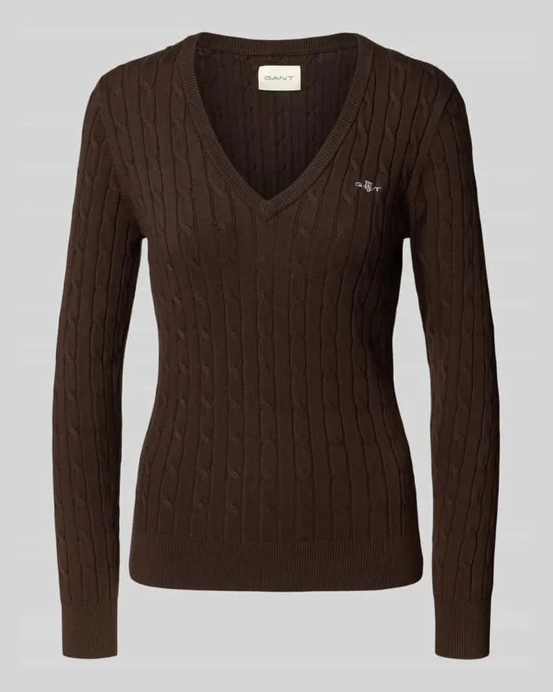 Gant Strickpullover mit V-Ausschnitt und Logo-Stitching Mittelbraun