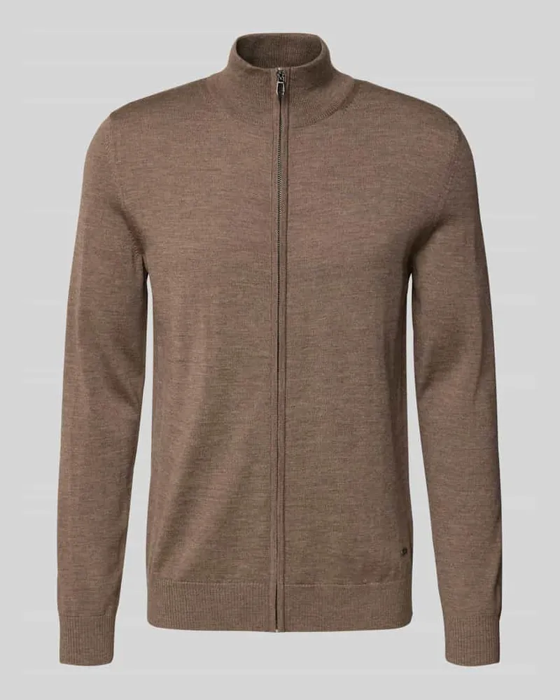 JOOP! Strickjacke aus Schurwolle mit Stehkragen Modell 'Davis Mittelbraun