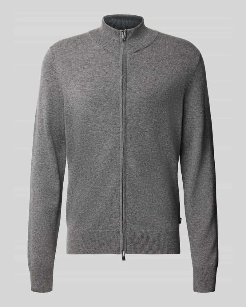 HUGO BOSS Strickjacke aus Wolle Kaschmir mit Stehkragen Hellgrau