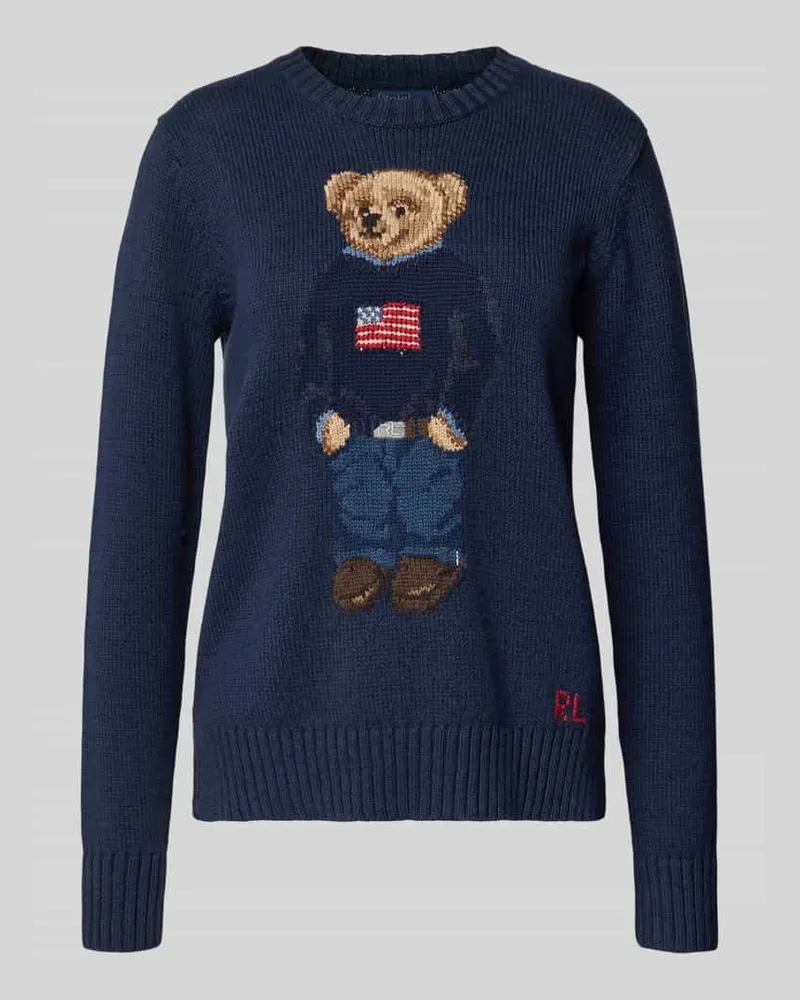 Ralph Lauren Regular Fit Strickpullover aus Baumwoll-Leinen-Mix mit Bär-Motiv Marine