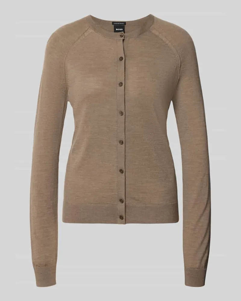 HUGO BOSS Regular Fit Strickjacke aus reiner Schurwolle Modell 'Fonami Taupe