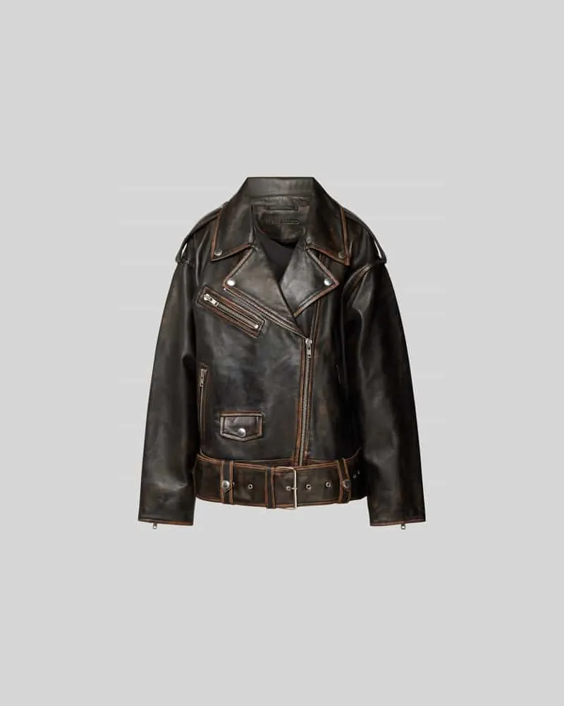 STAND Lederjacke mit Reißverschlusstaschen Black