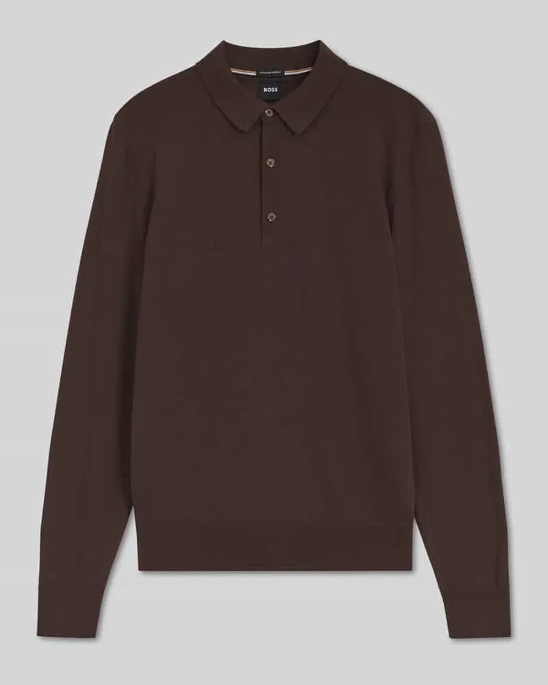 HUGO BOSS Regular Fit Poloshirt aus reiner Wolle Modell 'Lancione Dunkelbraun