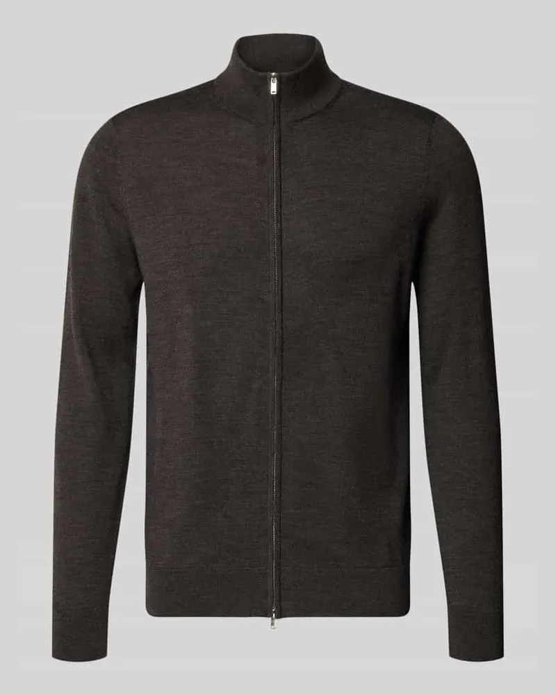 Profuomo Regular Fit Strickjacke aus reiner Baumwolle mit Stehkragen Dunkelbraun