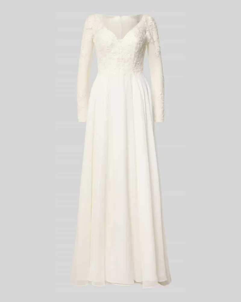 LUXUAR Abendkleid mit Stitchings und V-Ausschnitt Offwhite